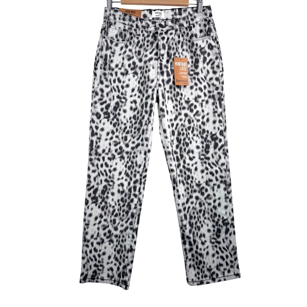 Kensie Ella High Rise Straight Leopard Print Vintage Luxe Denim Pants boho sz 27